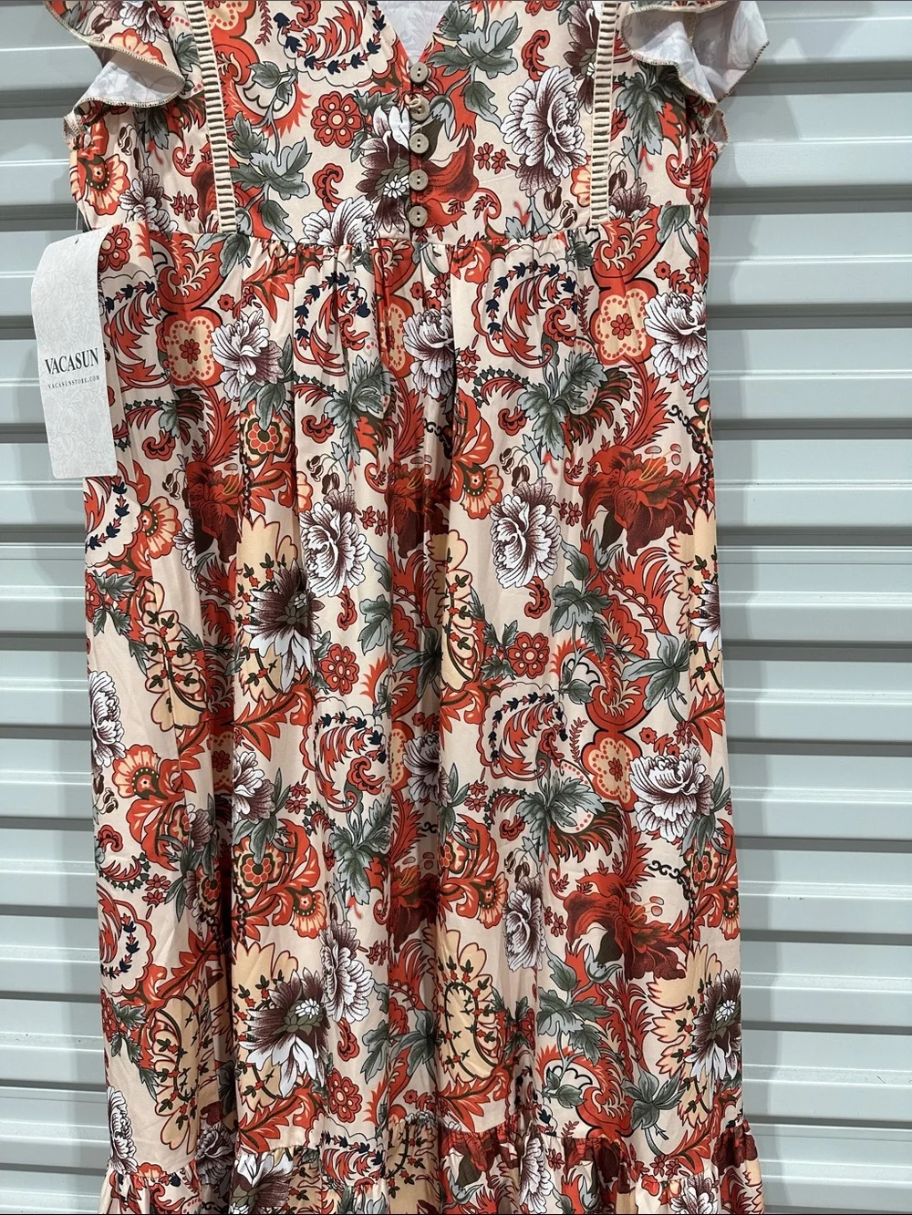 Red Floral Tiered Maxi Dress with Ruffle Sleeves - Picture 5 of 11